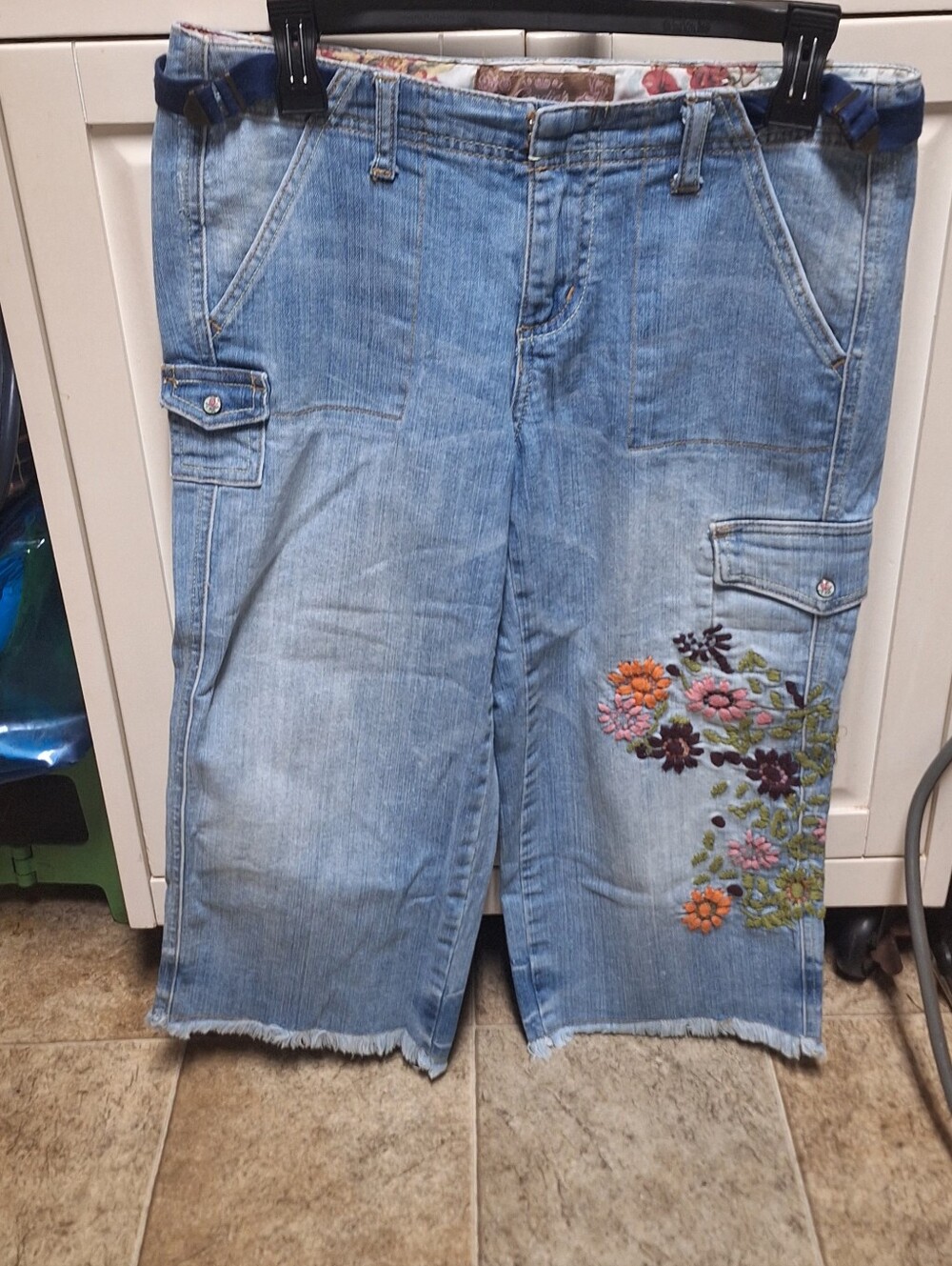 Candie's Light Blue Cropped Embroidered Cargo Jeans